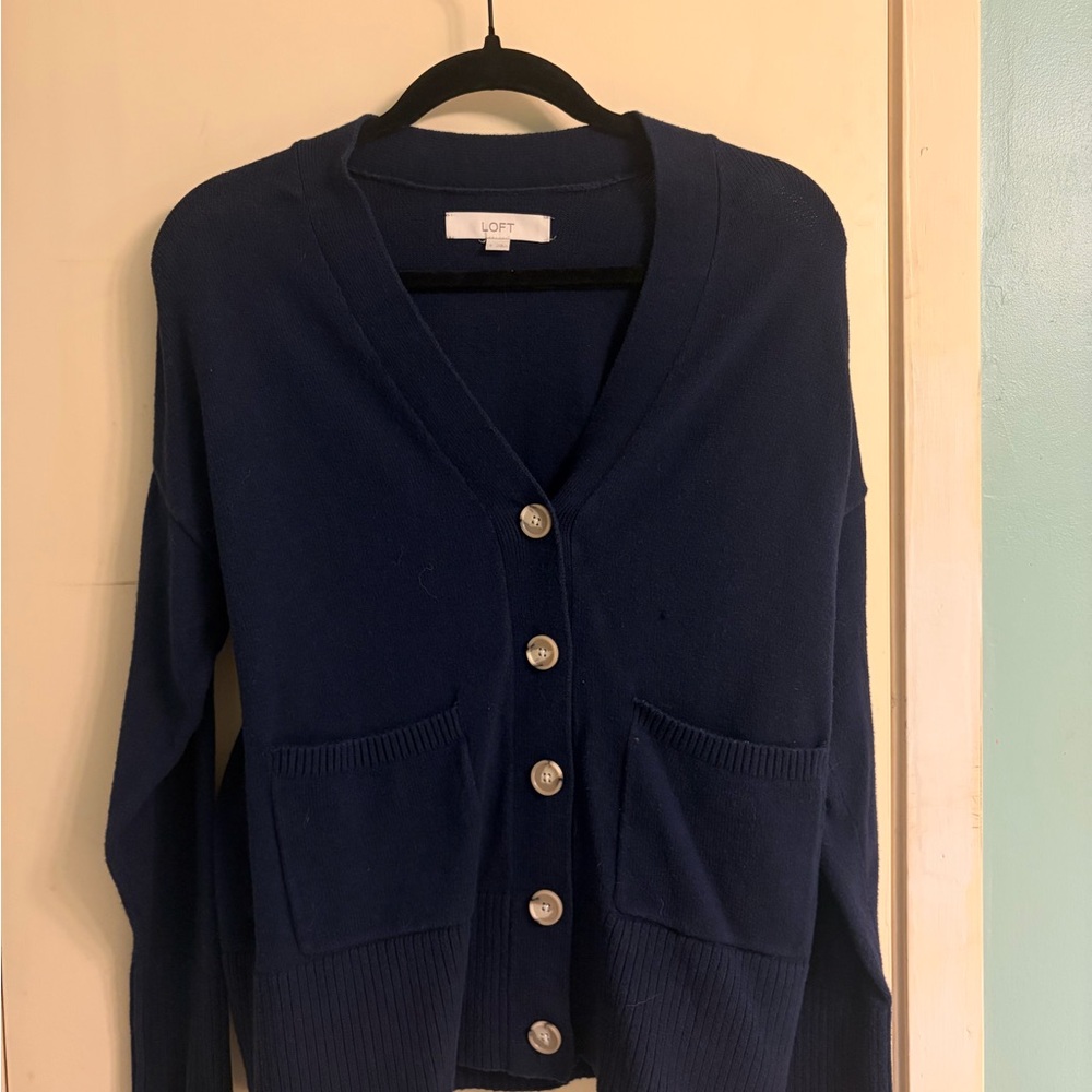 LOFT Navy Button-Front V-Neck Cardigan with Pockets